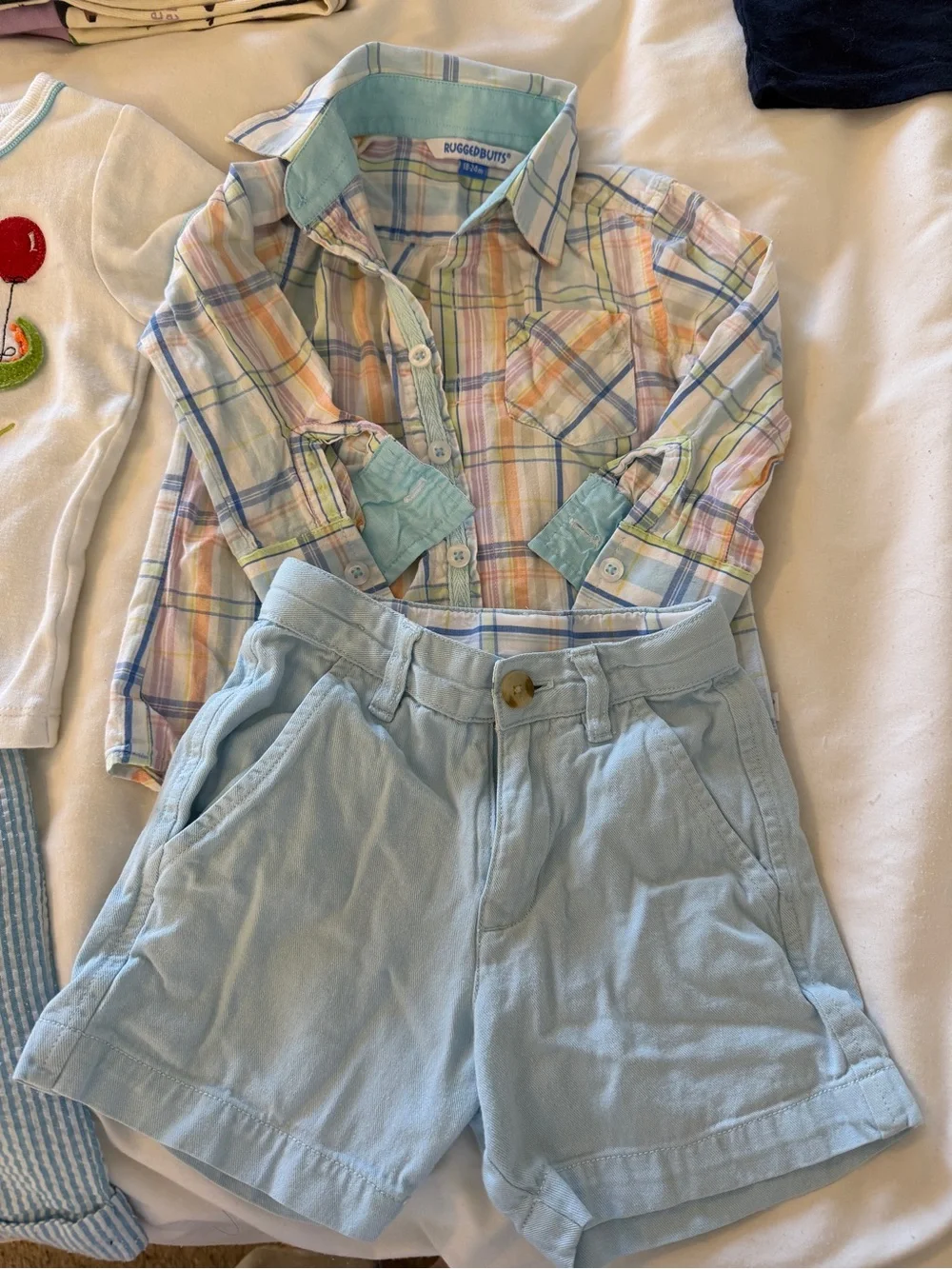 Rugged Butts 18-24 months Baby Plaid Button-Up Shirt with Light Blue Shorts